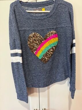 Girls' Blue Long-Sleeve Sweatshirt with Sequin Heart Rainbow